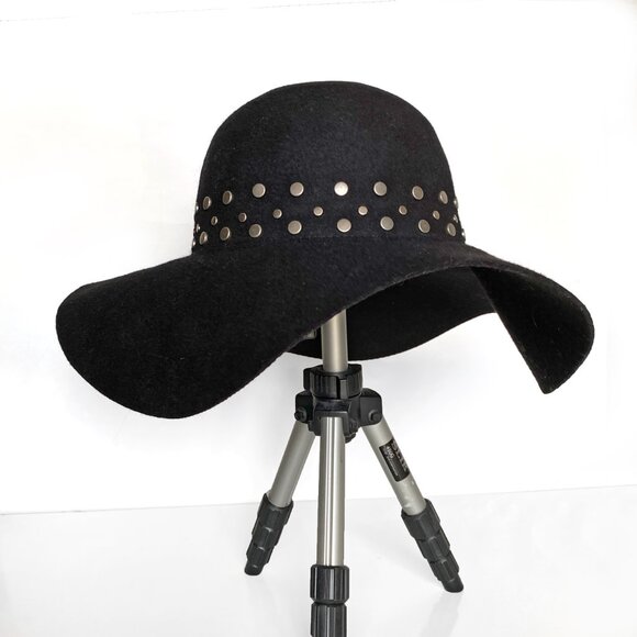 August Boho 100% Wool Black Floppy Wide Brim Hat with Studded Band main image 5